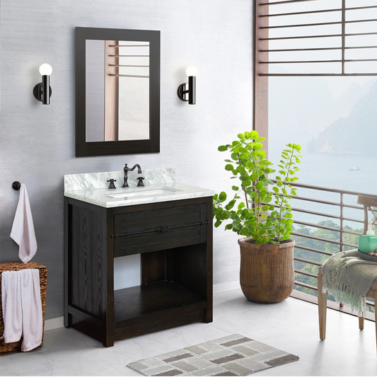 Bellaterra Home 31" Brown Ash Single Sink Bathroom Vanity with White Carrara Top and Rectangle Sink, Plantation Collection