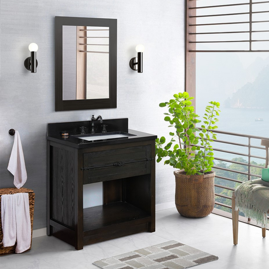 Bellaterra Home 31" Brown Ash Single Sink Bathroom Vanity with Black Galaxy Top and Rectangle Sink