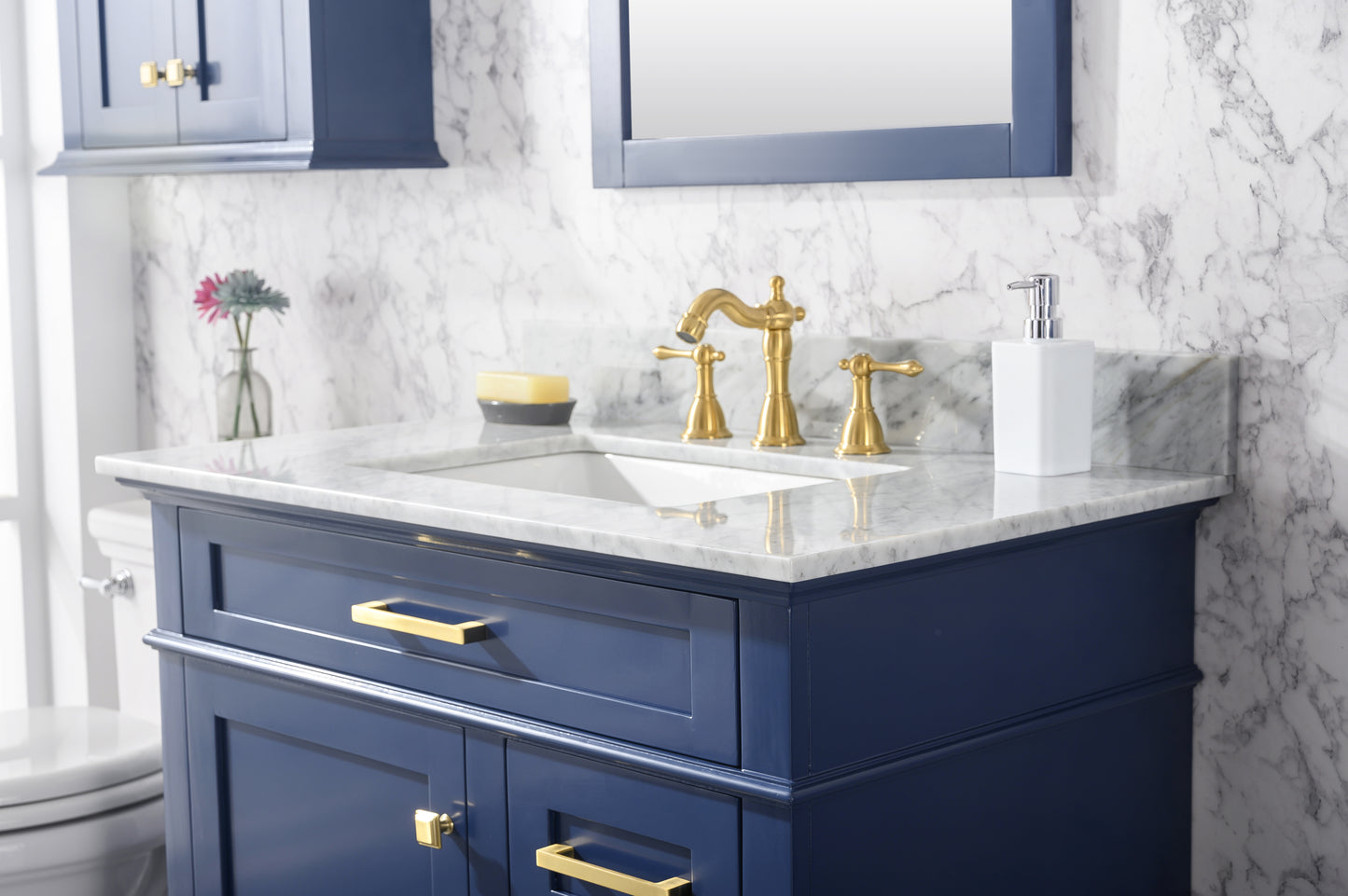 Legion Furniture 36" Blue Single Sink Bathroom Vanity Cabinet with Carrara White Top