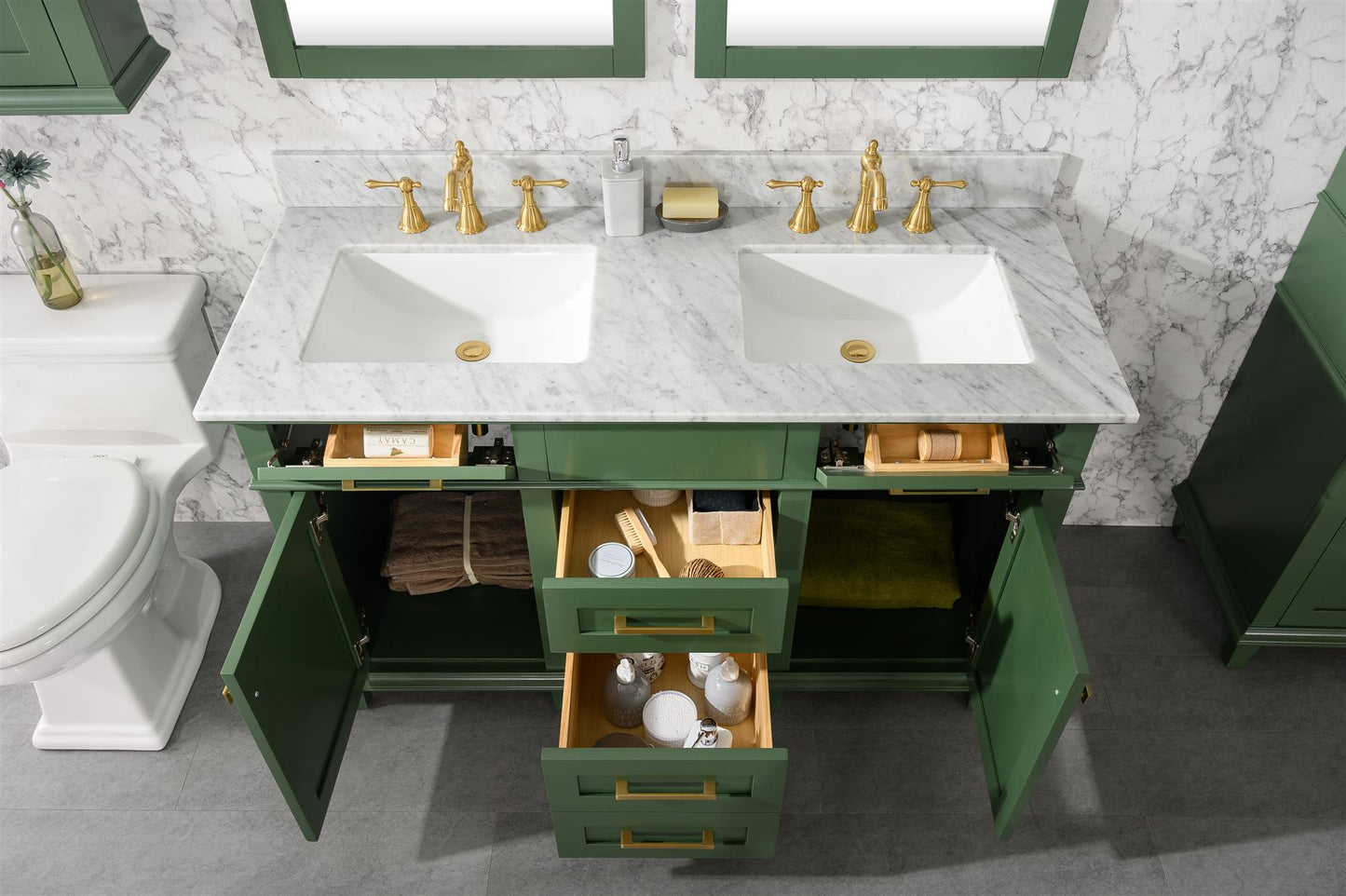 Legion Furniture 54" Vogue Green Double Sink Bathroom Vanity Cabinet with Carrara White Top