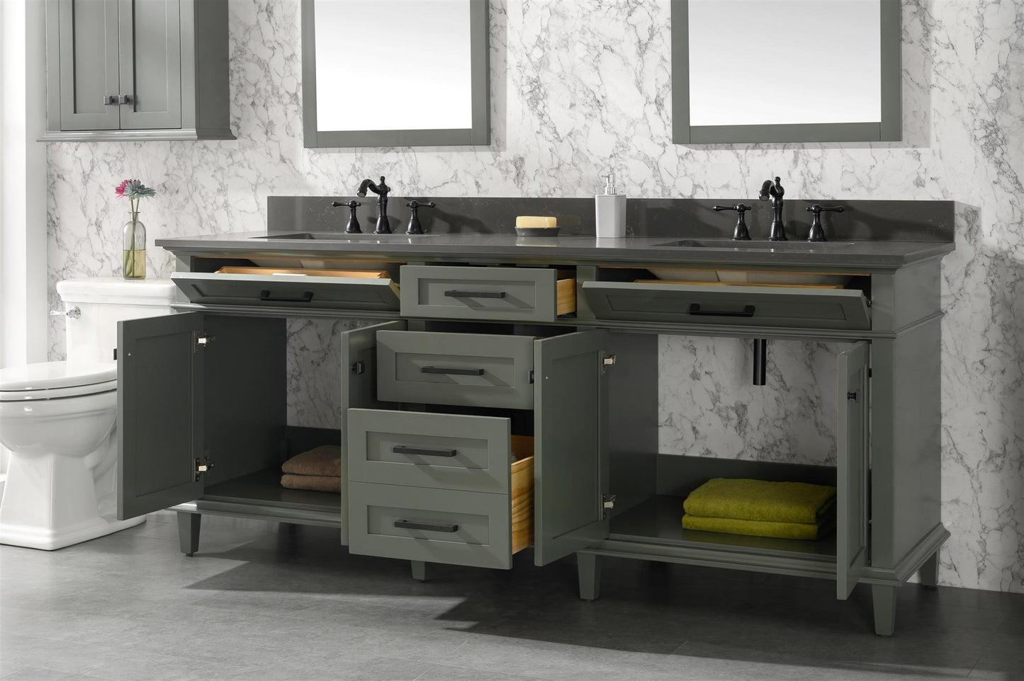 Legion Furniture 80" Pewter Green Double Sink Bathroom Vanity Cabinet with Blue Lime Stone Quartz