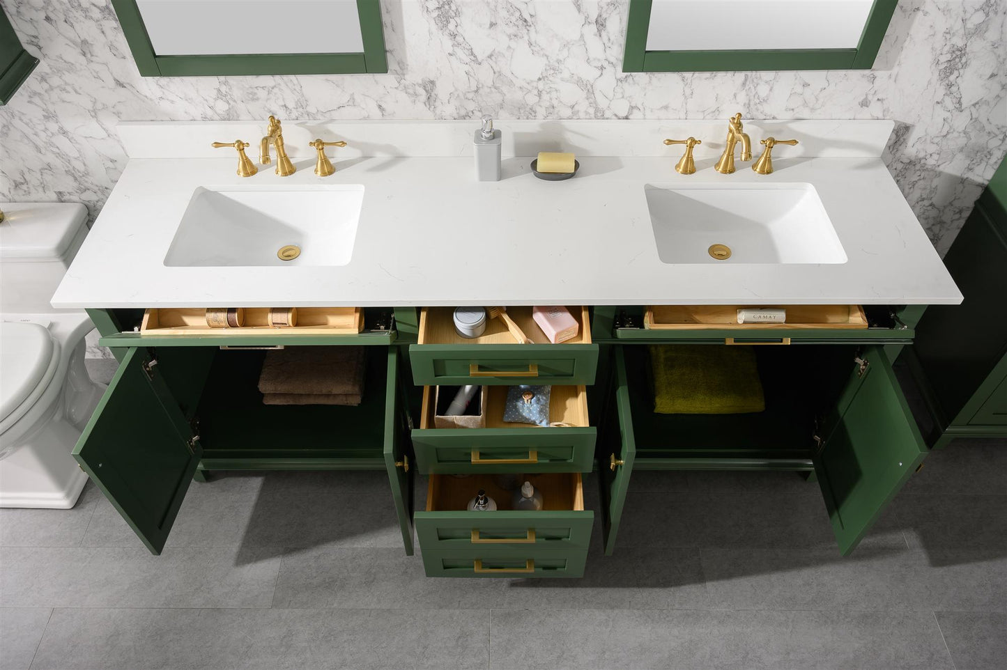 Legion Furniture 80" Vogue Green Double Sink Bathroom Vanity Cabinet with Carrara White Quartz Top