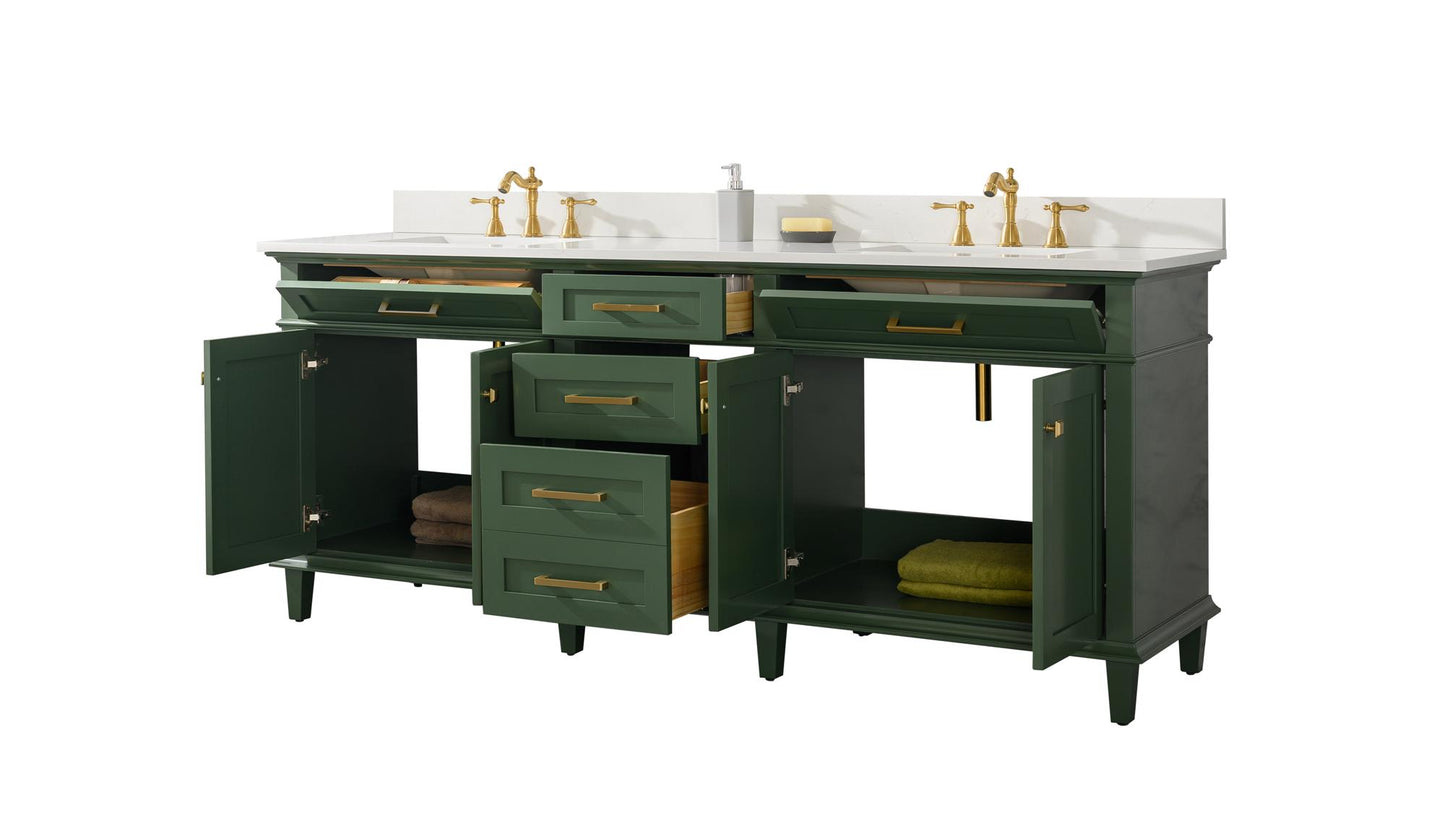 Legion Furniture 80" Vogue Green Double Sink Bathroom Vanity Cabinet with Carrara White Quartz Top